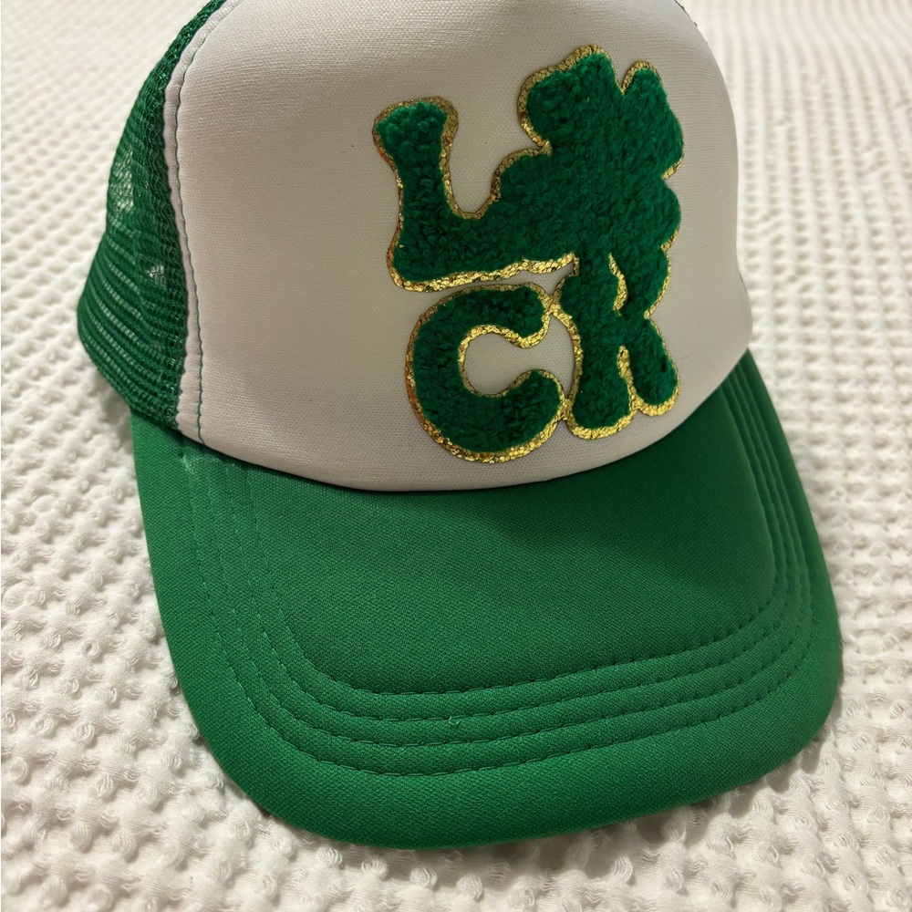 Green and White Trucker Hat with Gold Accent